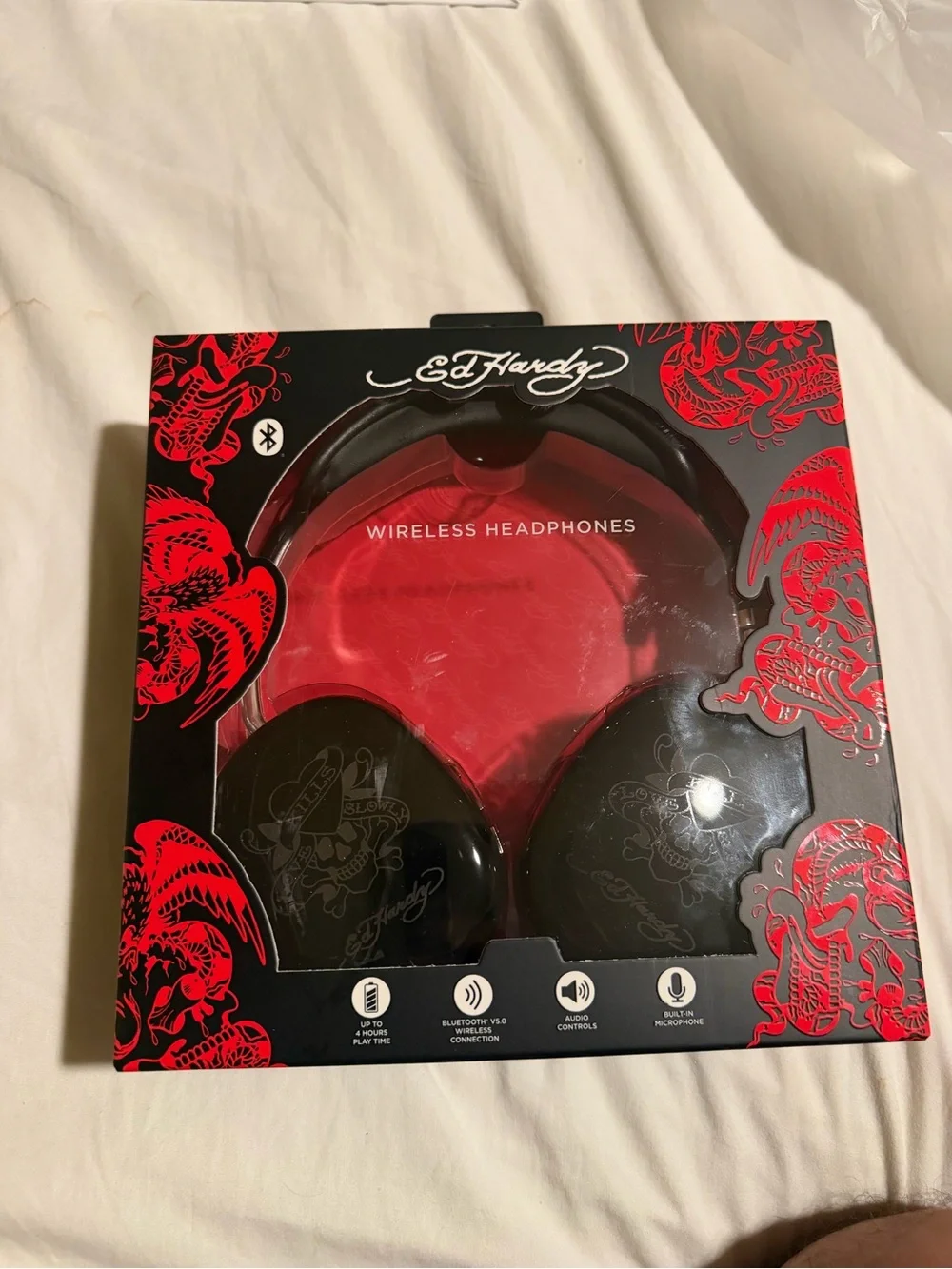 Ed Hardy Black and Red Wireless Headphones with Tattoo Graphics